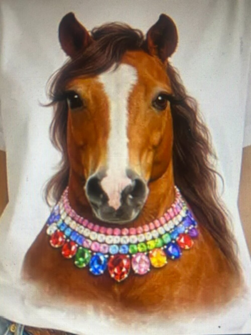 Bling-A-GoGo Blinged Out! Jeweled Collar Lush Cotton Horse On White Crew Tee NWT